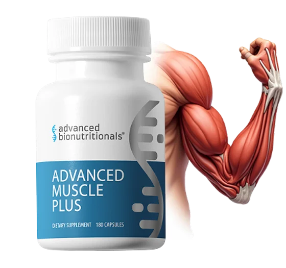 Anatomical illustration of arm musculature beside the Advanced Muscle Plus bottle