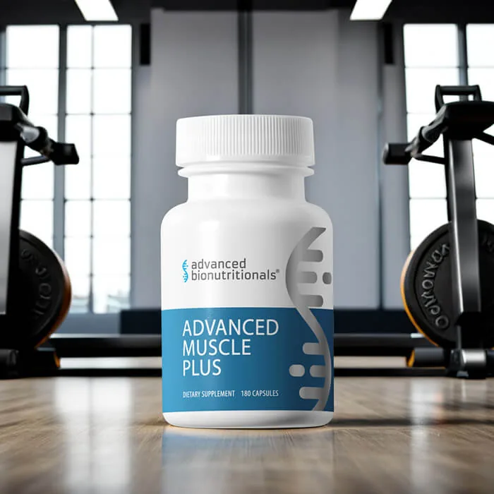 Advanced Muscle Plus supplement bottle in a gym setting
